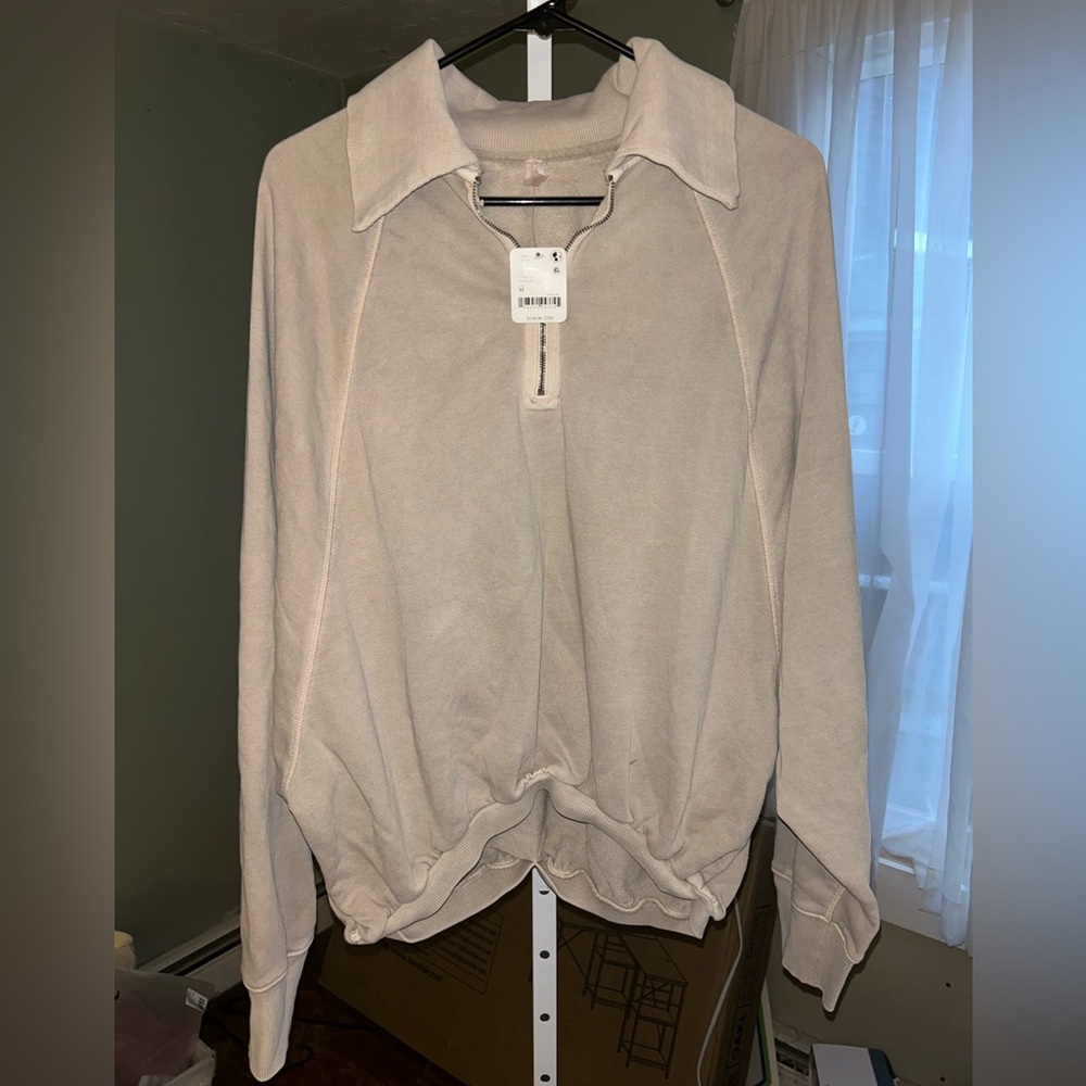 Free People  Quarter-Zip Pullover Sweatshirt in tan